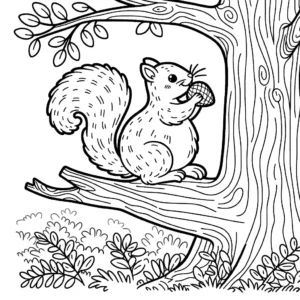 Squirrel climbing a tree with a bushy tail and holding onto a nut in its mouth coloring page