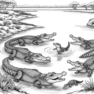 Crocodile family with baby crocodile playing in the river coloring page