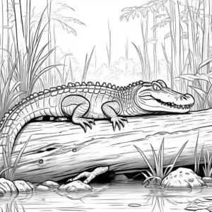 Crocodile taking a break on log in the swamp, ready to be colored coloring page