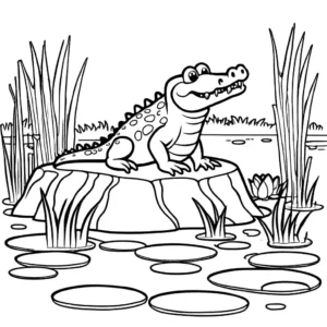 Crocodile in a swamp with lily pads coloring page