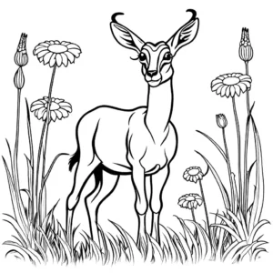 Antelope with curious expression exploring field of colorful wildflowers coloring page