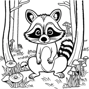 Curious raccoon exploring a wooded area with mushrooms and wildflowers coloring page