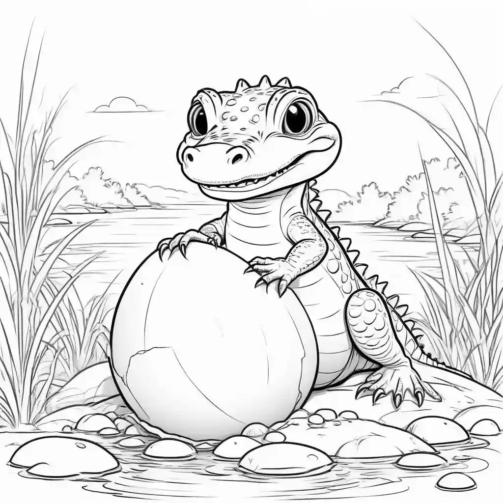 Cute baby crocodile hatching from an egg on the river shore coloring page