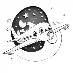 Cute cartoon airplane surrounded by stars coloring page