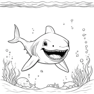Smiling megalodon swimming in the ocean coloring page