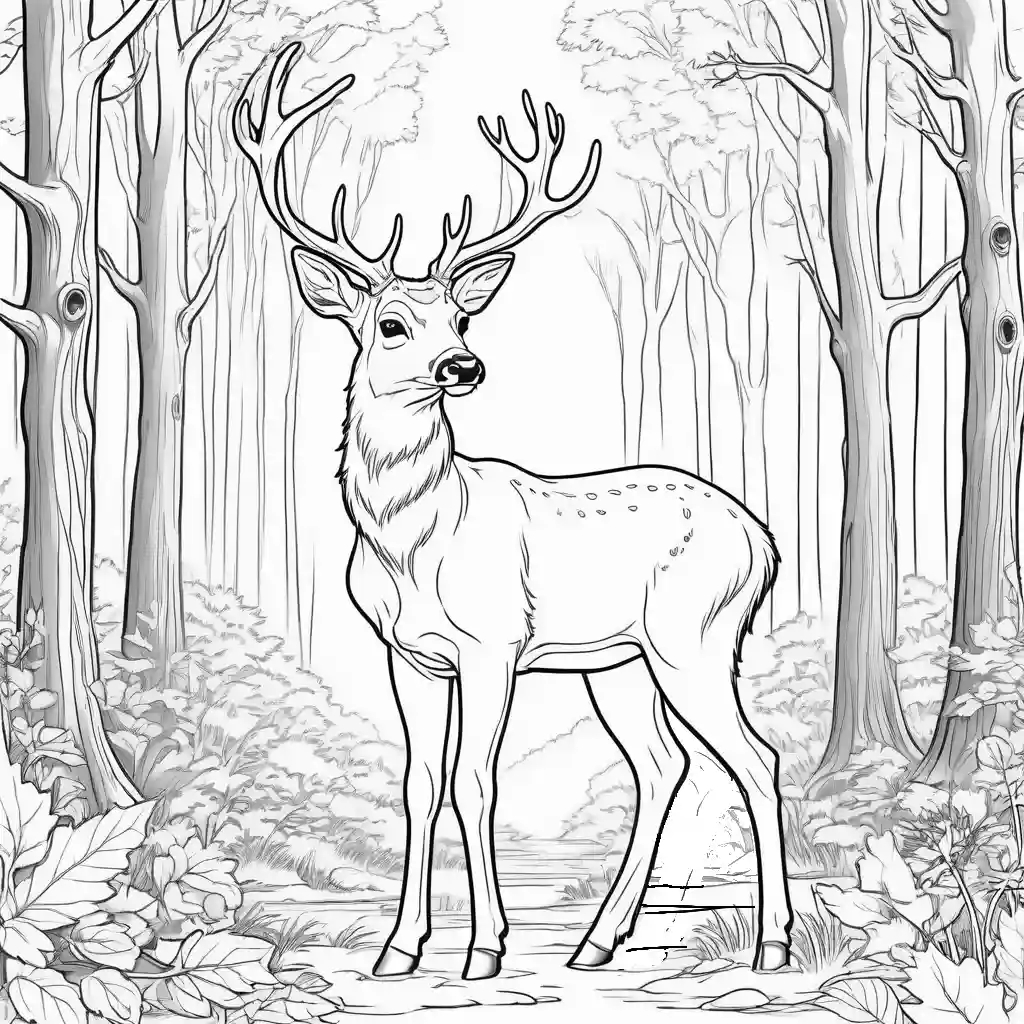 Deer with antlers in forest line art coloring page