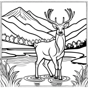Deer coloring page with a flowing river and mountains in the background coloring page