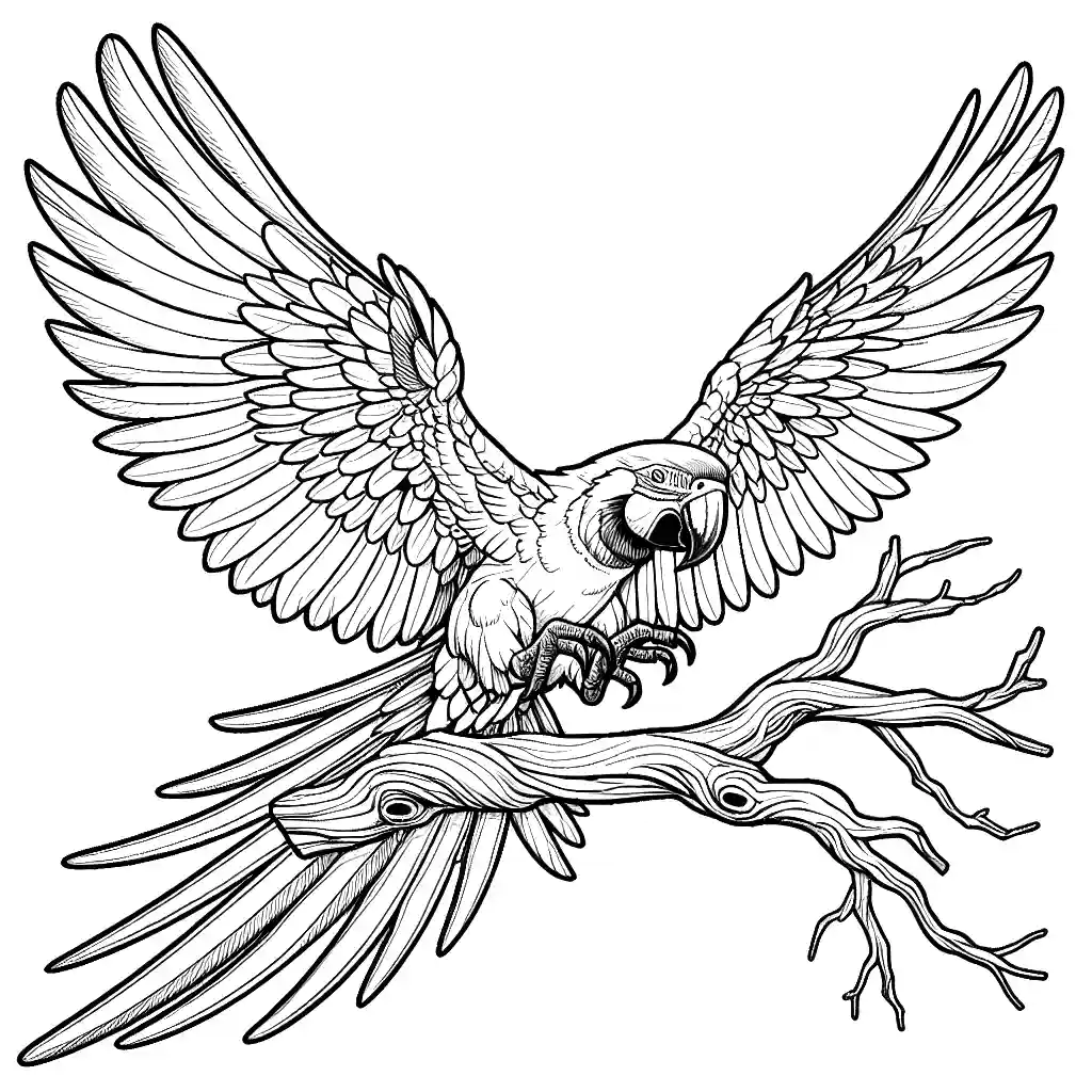 Flying Macaw perched on a tree branch with spread wings coloring page