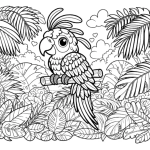 Detailed macaw sketch in a tropical jungle coloring page