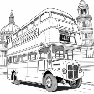 Old-fashioned Double-Decker Bus in front of Landmark Coloring Page