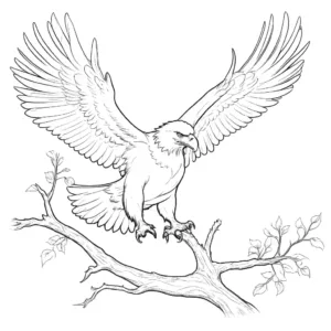 Eagle standing on a branch with spread wings ready to take flight coloring page