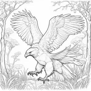 Eagle perched on a tree branch with spread wings, searching a prey coloring page