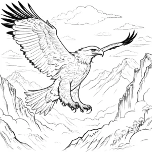 Majestic Eagle coloring page with outstretched wings soaring through the sky surrounded by clouds and mountains coloring page