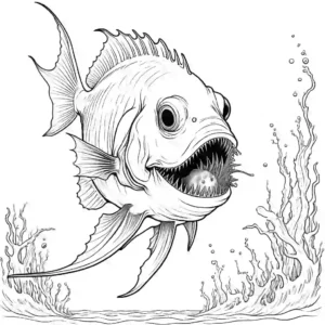 Eerie anglerfish with bioluminescent lure and sharp teeth coloring page