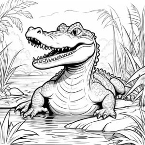 Fierce crocodile basking on a river bank with its mouth open coloring page