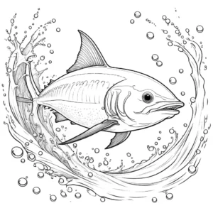 Fish swimming in the ocean with waves and bubbles, underwater coloring page