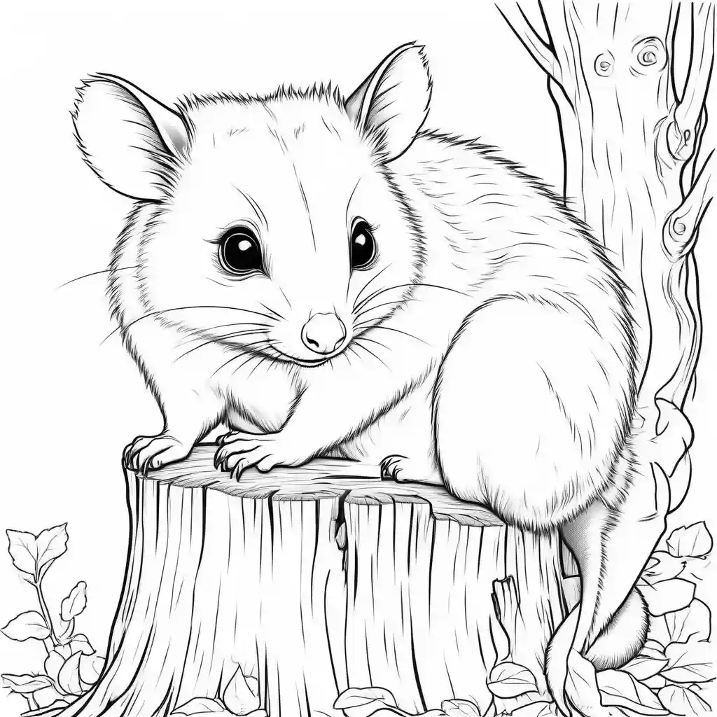 Possum with a fluffy tail sitting on a tree stump illustration for coloring page