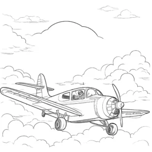 Flying airplane with clouds and pilot in the cockpit coloring page