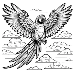 Flying Macaw spreading its vibrant feathers in the sky coloring page