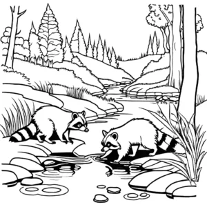Raccoon family searching for food near a stream in the forest coloring page
