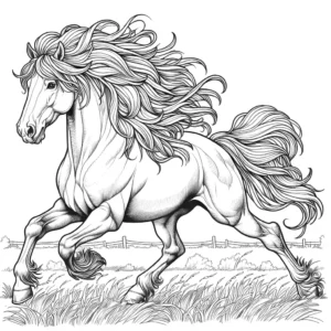 Dynamic scene of a horse galloping through a field, ideal for coloring and art activity coloring page
