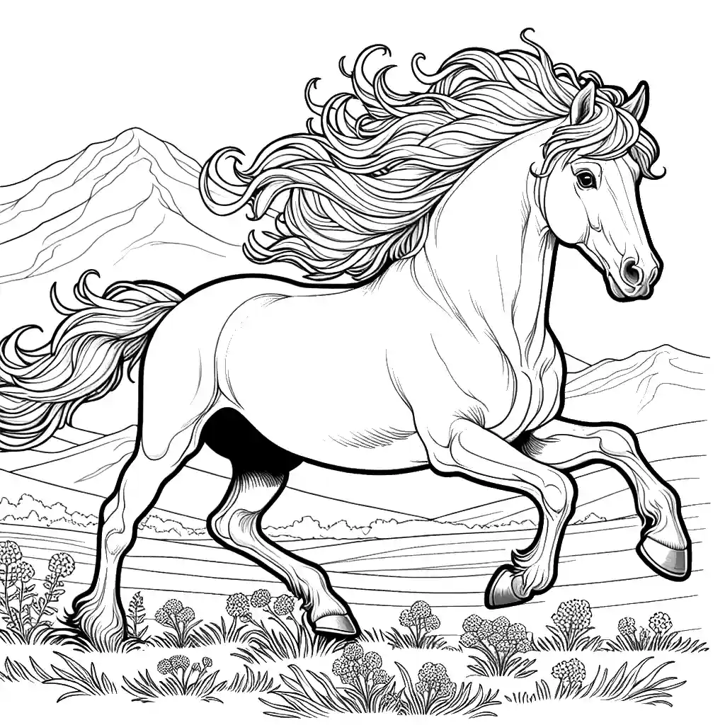 Graceful white horse galloping through a meadow with mountain backdrop, ideal for coloring fun coloring page