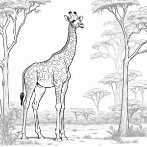 Giraffe standing tall in the savanna line drawing coloring page