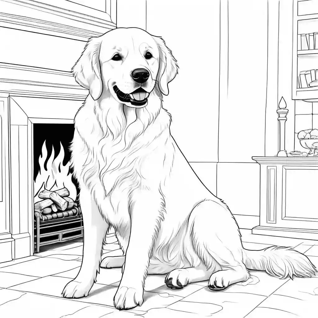 Golden Retriever with bone sitting by fireplace coloring page