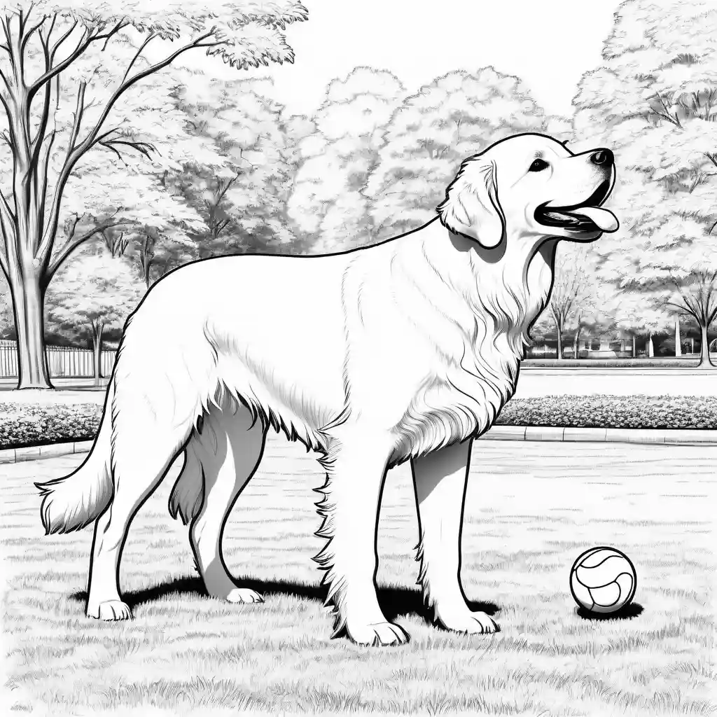 Golden Retriever holding tennis ball in park coloring page
