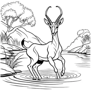 Graceful antelope with long elegant legs jumping over flowing river coloring page