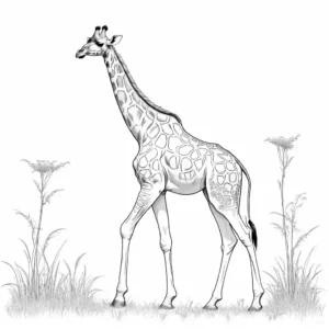 Giraffe with long neck and spots walking in grassland illustration coloring page