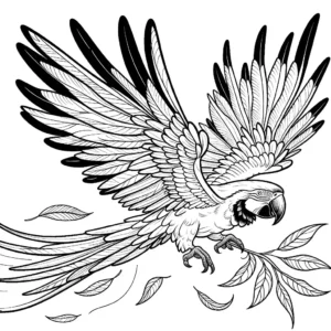 Elegant macaw soaring with wings outstretched and feathers ruffling in the wind coloring page