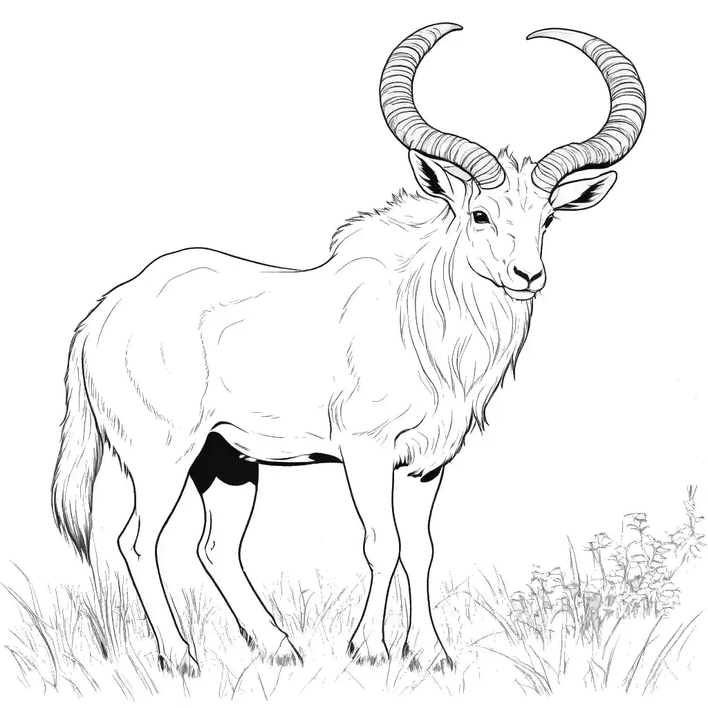 Markhor with large twisted horns grazing in grassy meadow coloring page