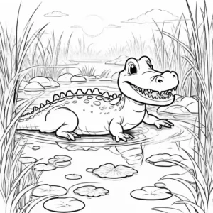 Happy crocodile in a swamp with reeds and a sun in the background coloring page