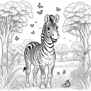 Smiling zebra surrounded by trees and butterflies in a grassy field coloring page