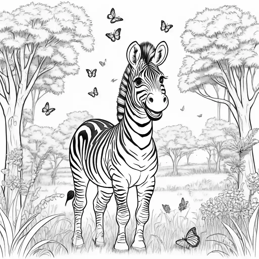 Smiling zebra surrounded by trees and butterflies in a grassy field coloring page