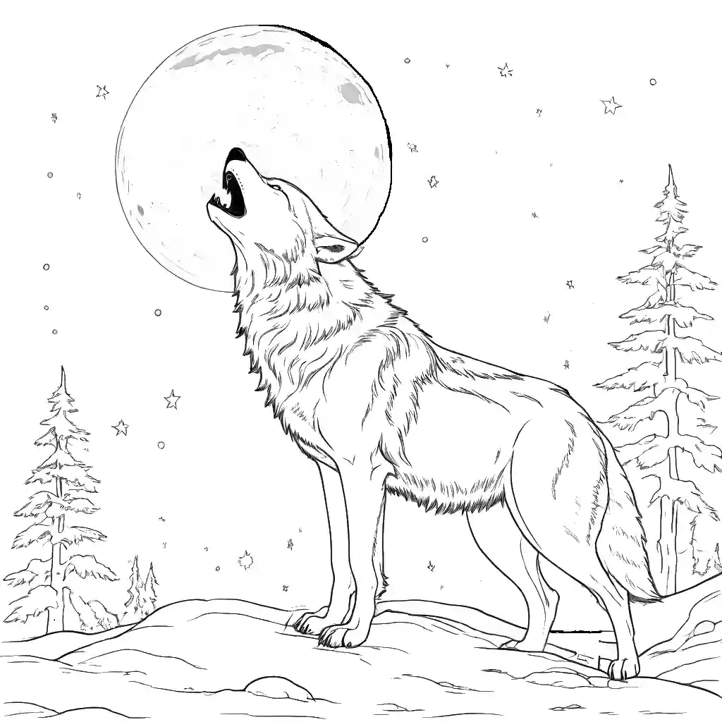 Coloring page of a wolf howling at the moon with stars in the night sky coloring page