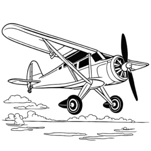 Coloring page illustration of an airplane with emphasis on its propeller and engine coloring page