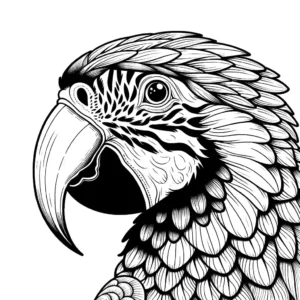 Detailed illustration of a Macaw with intricate feathers and beak coloring page