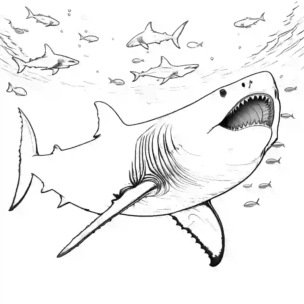 Detailed line art style megalodon shark set against a coral reef background coloring page