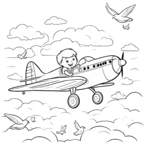 Happy kid flying a colorful airplane in the sky surrounded by clouds and birds. coloring page
