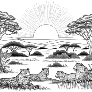 Leopard family resting in the grassy savanna during a serene sunset coloring page