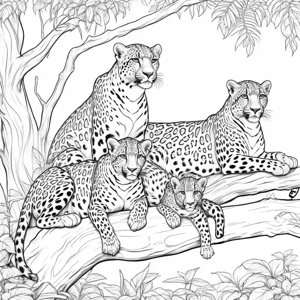 Leopard family resting on a tree branch in the jungle coloring page