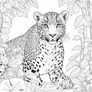 Leopard coloring page blending in with tree leaves coloring page