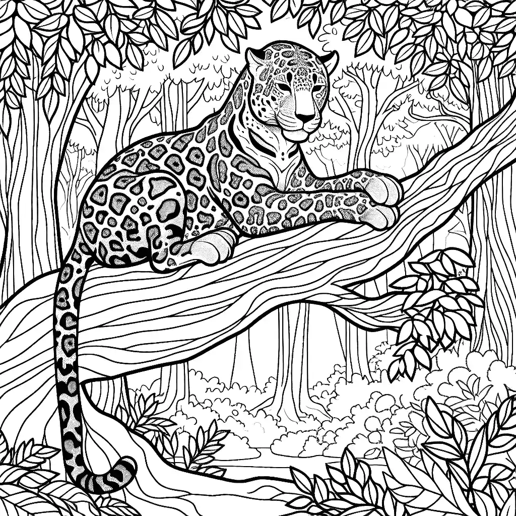 Leopard sitting on a tree branch in the jungle coloring page