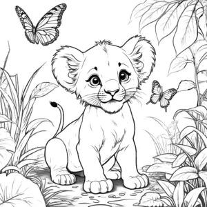 Cute lion cub playing with butterfly in green jungle coloring page