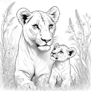 Lion cub playing with mother among grass and wildflowers coloring page. coloring page