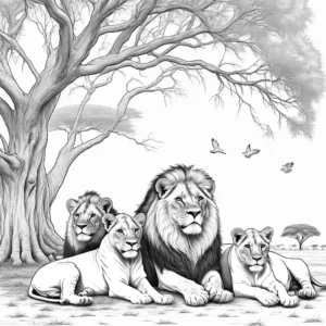 Lion family relaxing under large tree in African savannah coloring page
