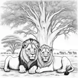 Lion family resting under shade of large tree in African plains coloring page. coloring page