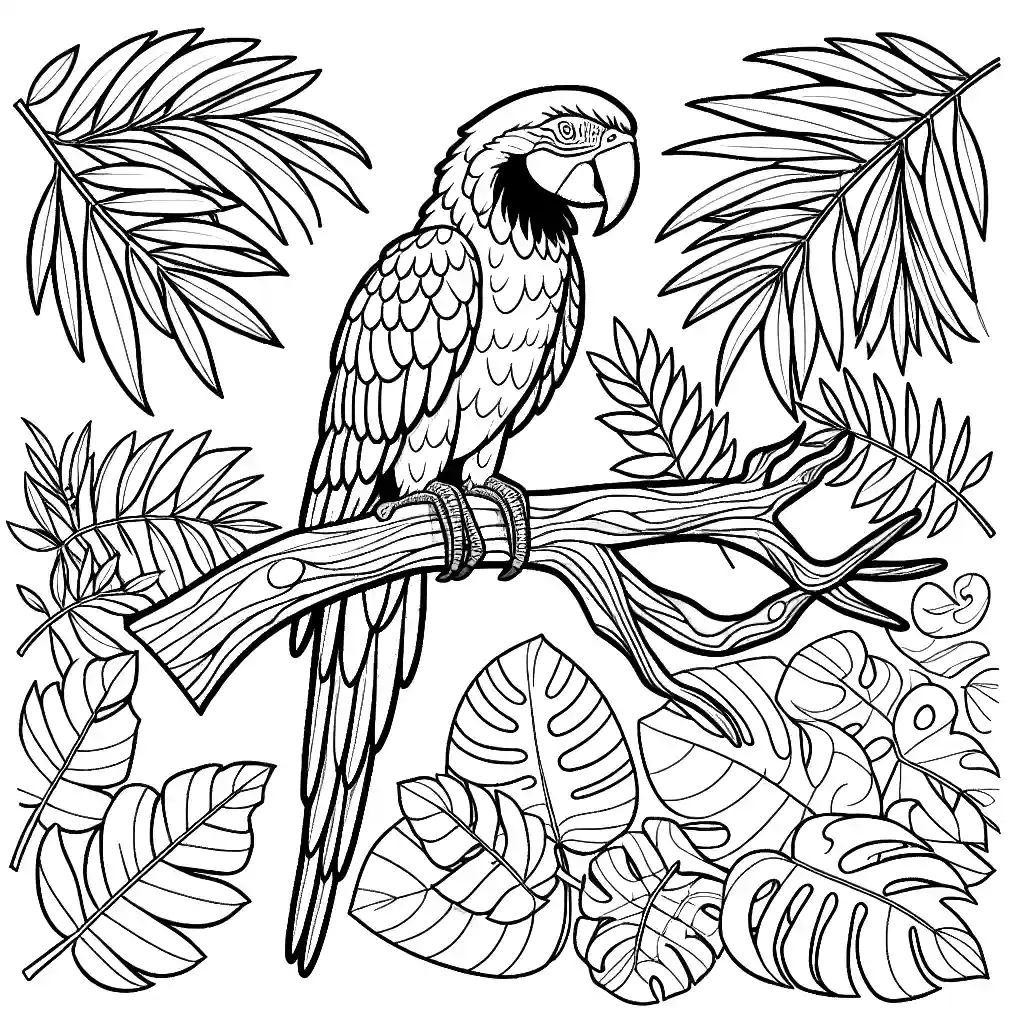 Macaw Parrot perched on a tree branch with tropical leaves in the background coloring page